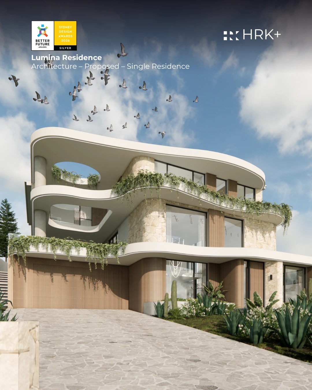 Lumina Residence proposed exterior, curved balconies and stone facade