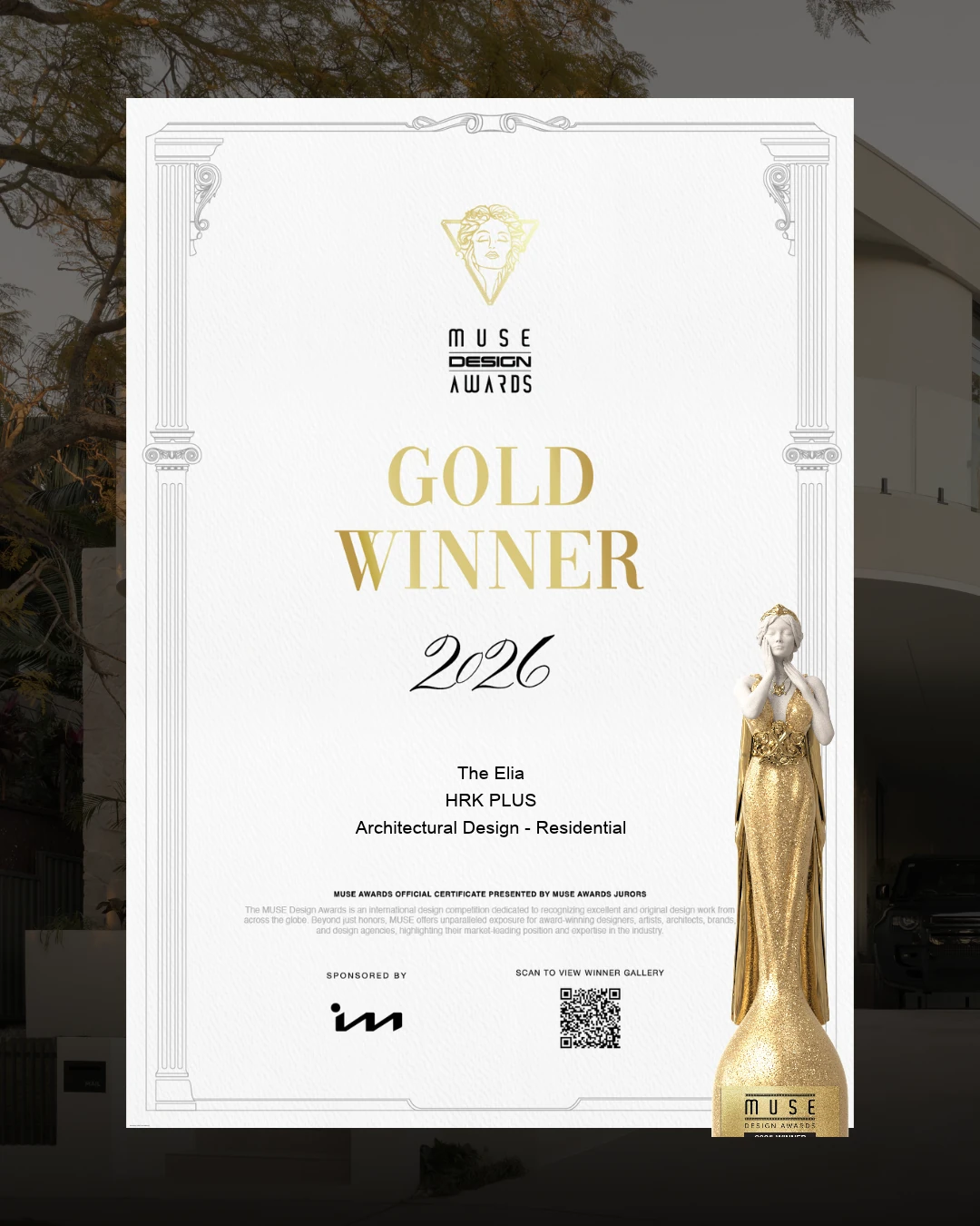 The Elia MUSE Design Awards 2026 Gold Winner certificate for Architectural Design – Residential