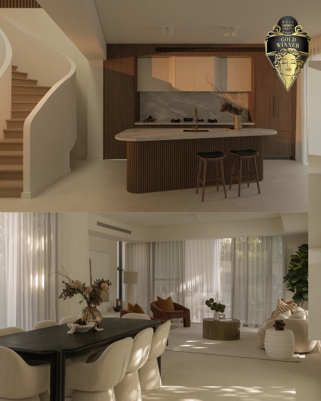 Kitchen, dining and living spaces at Elia House